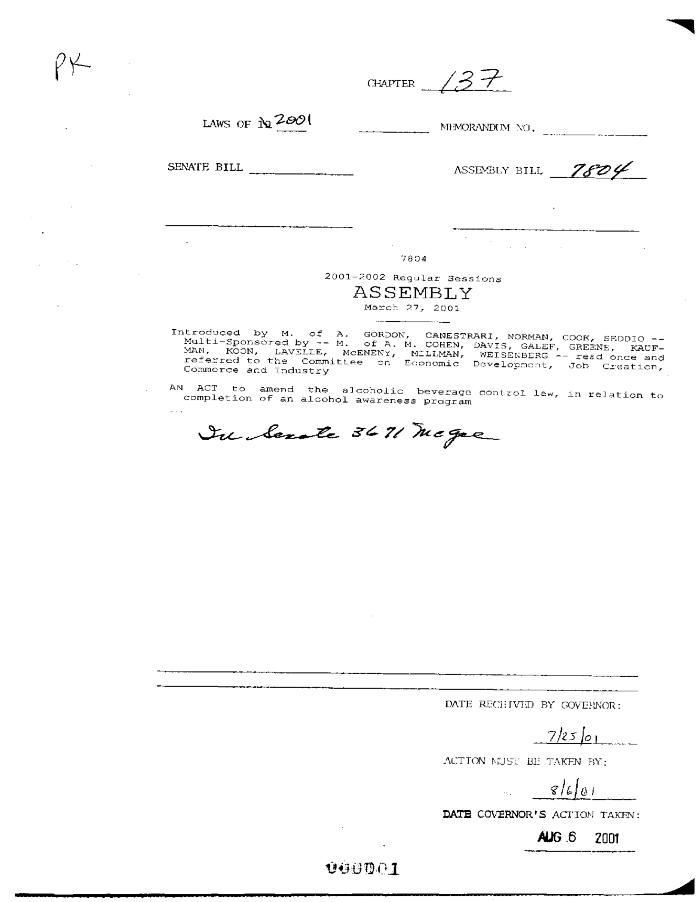 NYS Bill and Veto Jackets: 2001, Chapter 137