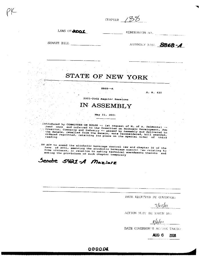 NYS Bill and Veto Jackets: 2001, Chapter 138