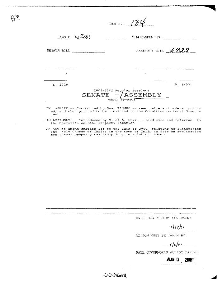 NYS Bill and Veto Jackets: 2001, Chapter 134