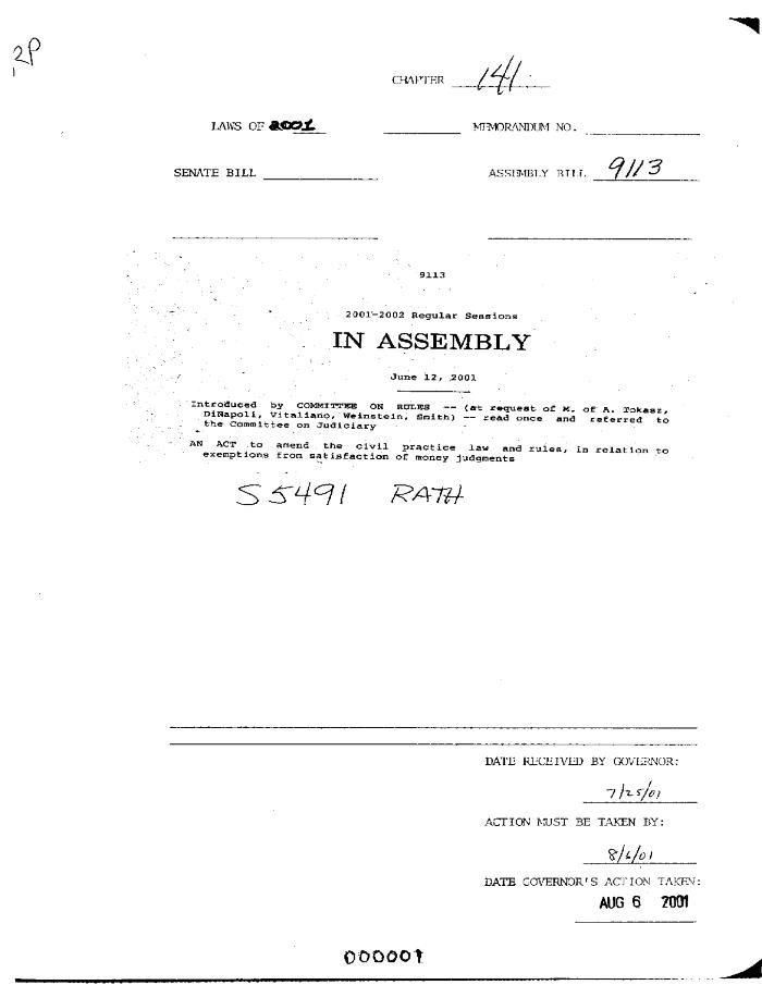 NYS Bill and Veto Jackets: 2001, Chapter 141