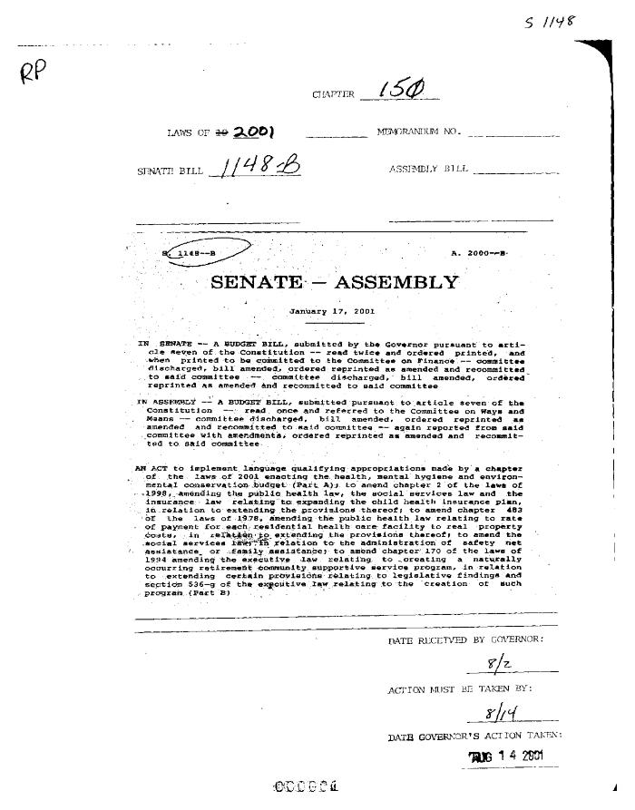 NYS Bill and Veto Jackets: 2001, Chapter 150