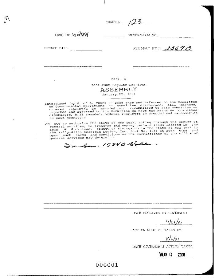 NYS Bill and Veto Jackets: 2001, Chapter 123