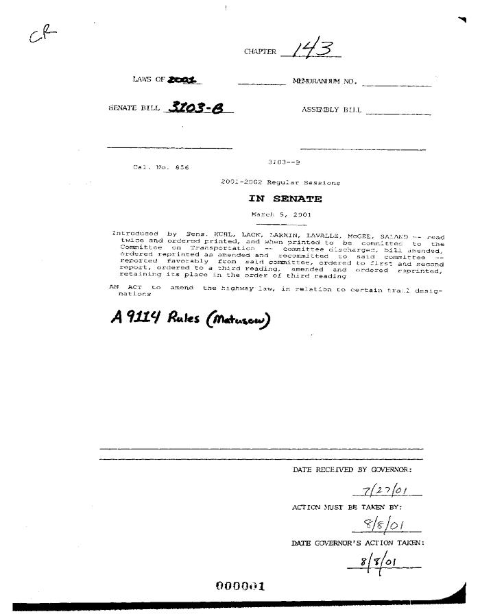 NYS Bill and Veto Jackets: 2001, Chapter 143