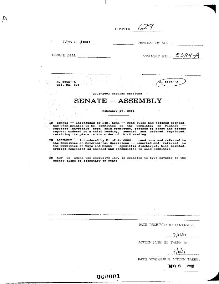 NYS Bill and Veto Jackets: 2001, Chapter 129