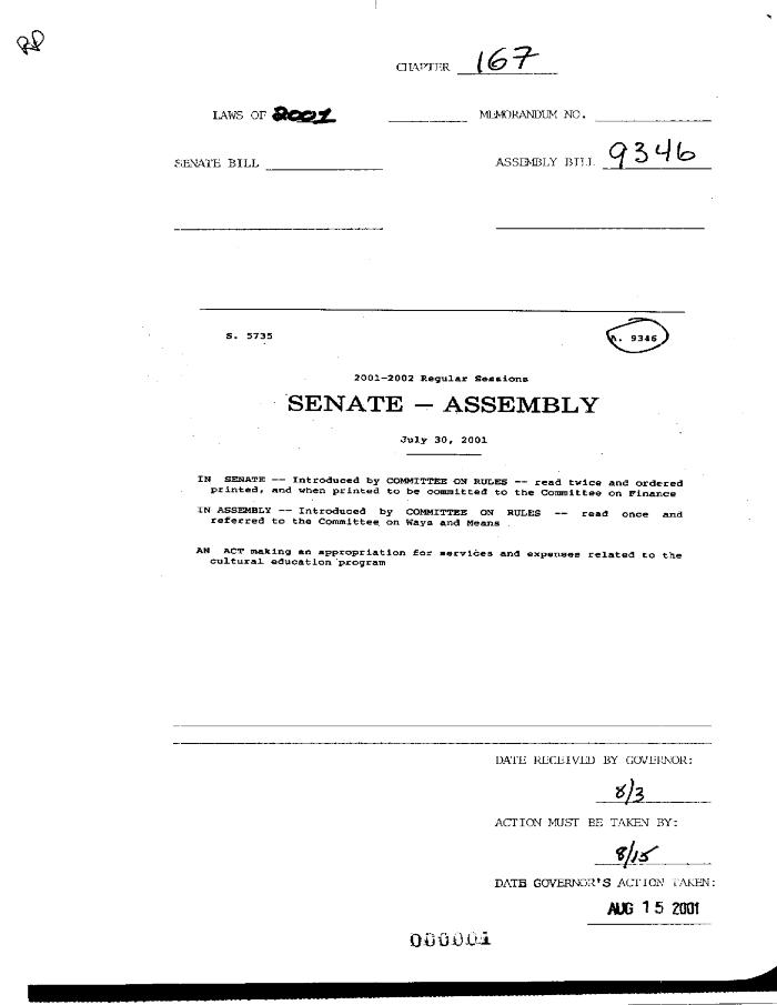 NYS Bill and Veto Jackets: 2001, Chapter 167