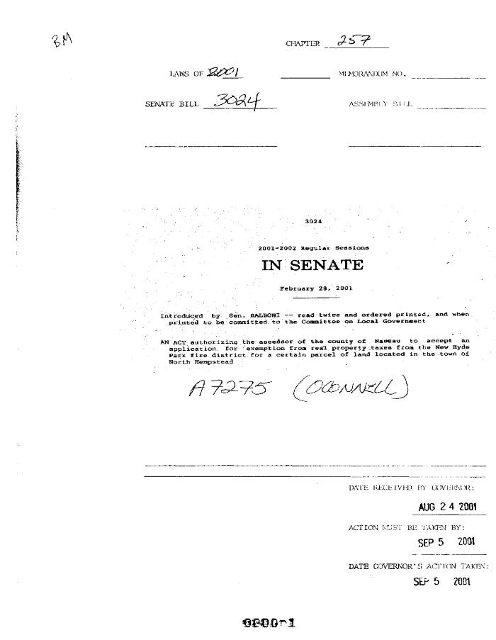 NYS Bill and Veto Jackets: 2001, Chapter 257