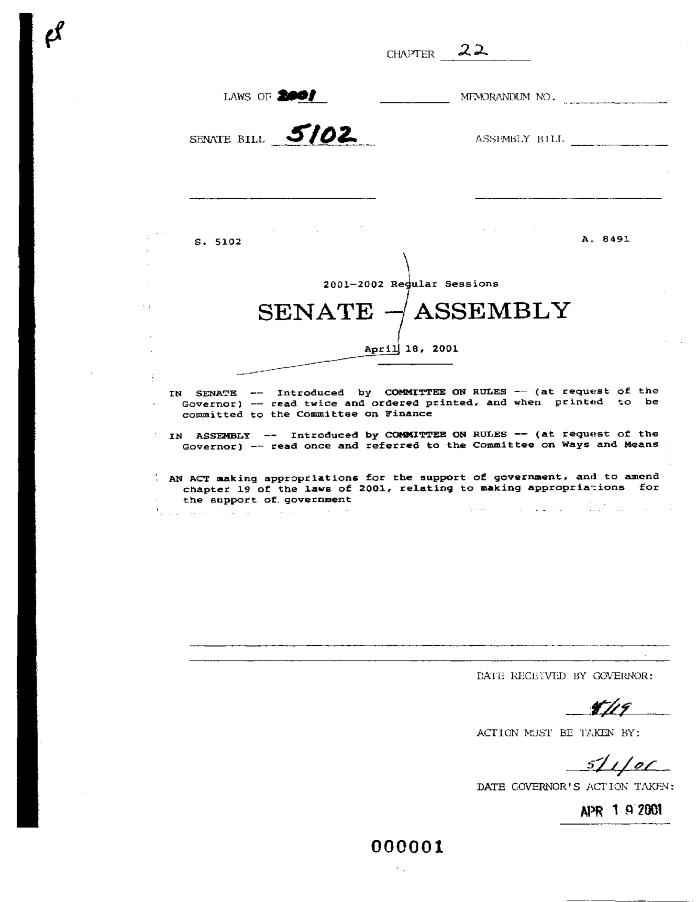 NYS Bill and Veto Jackets: 2001, Chapter 22