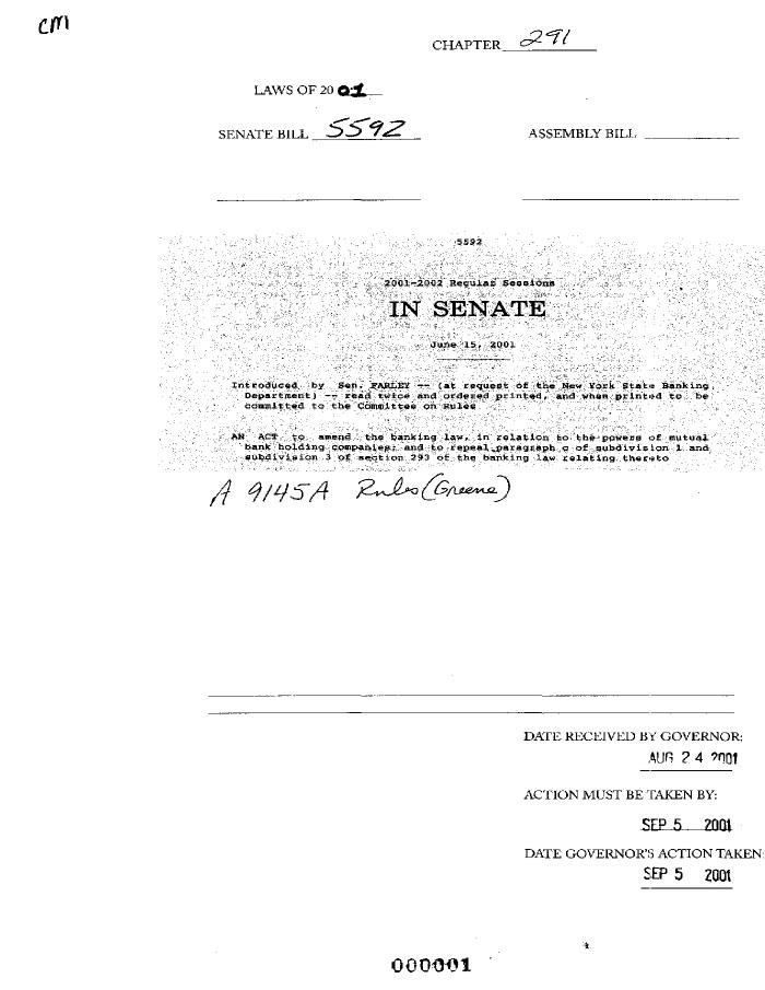 NYS Bill and Veto Jackets: 2001, Chapter 291