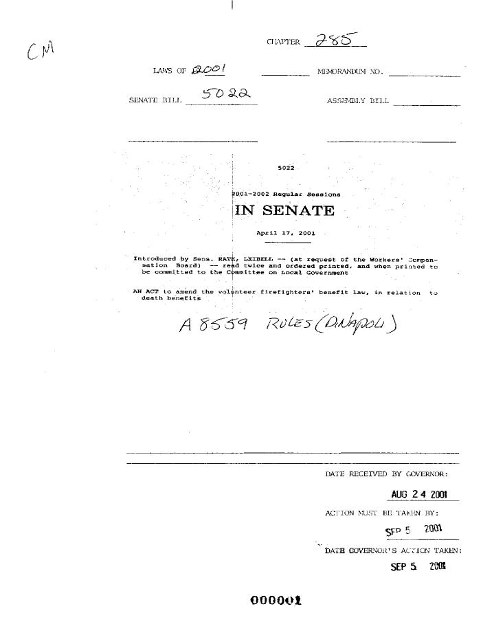 NYS Bill and Veto Jackets: 2001, Chapter 285