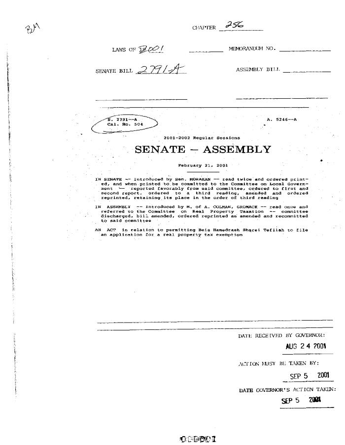 NYS Bill and Veto Jackets: 2001, Chapter 256