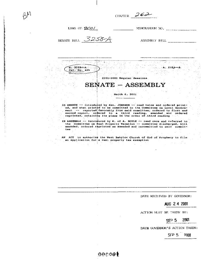 NYS Bill and Veto Jackets: 2001, Chapter 262