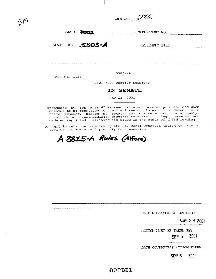 NYS Bill and Veto Jackets: 2001, Chapter 286