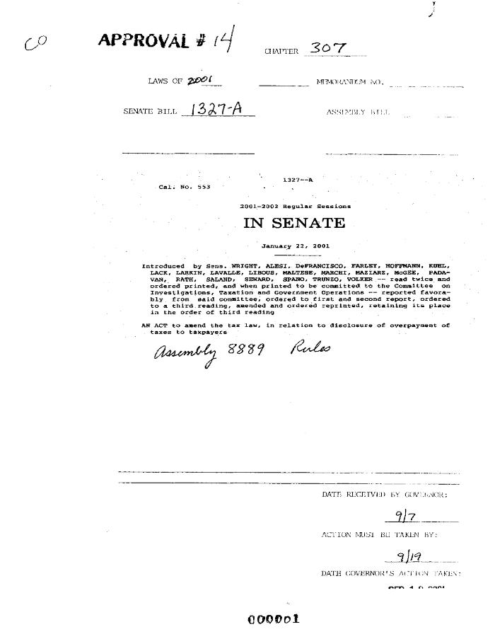 NYS Bill and Veto Jackets: 2001, Chapter 307