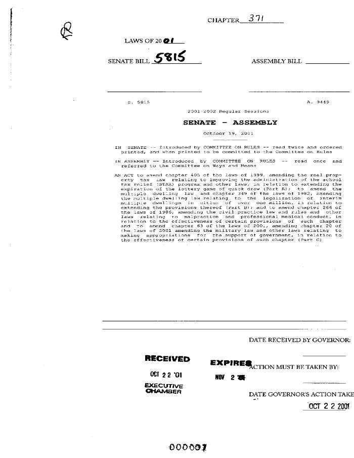 NYS Bill and Veto Jackets: 2001, Chapter 371