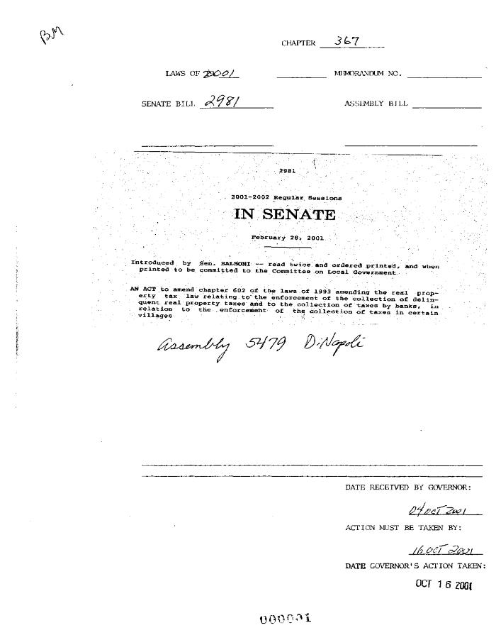 NYS Bill and Veto Jackets: 2001, Chapter 367