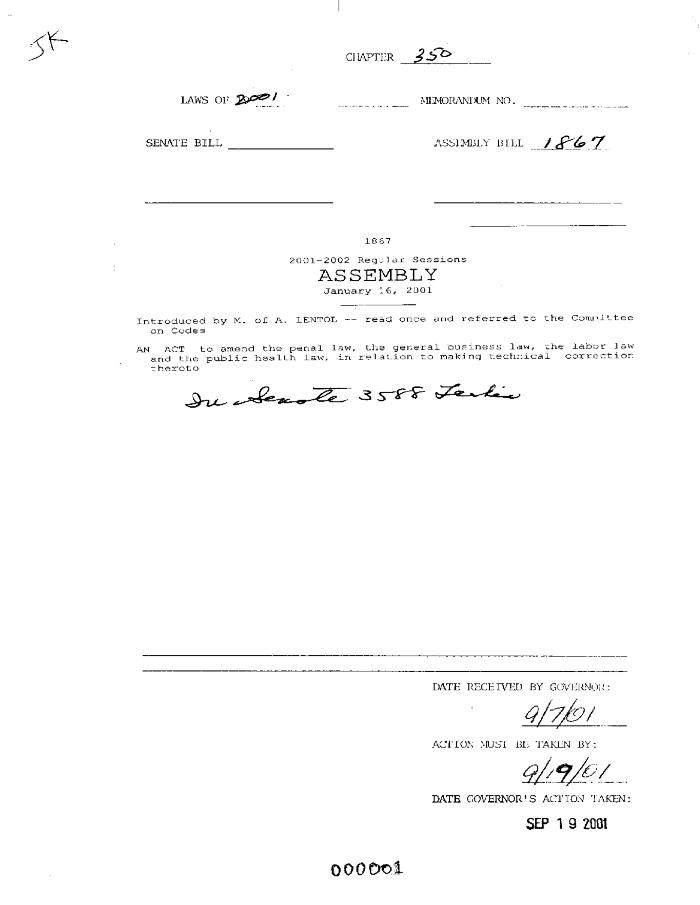 NYS Bill and Veto Jackets: 2001, Chapter 350