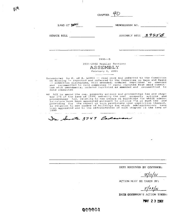 NYS Bill and Veto Jackets: 2001, Chapter 40