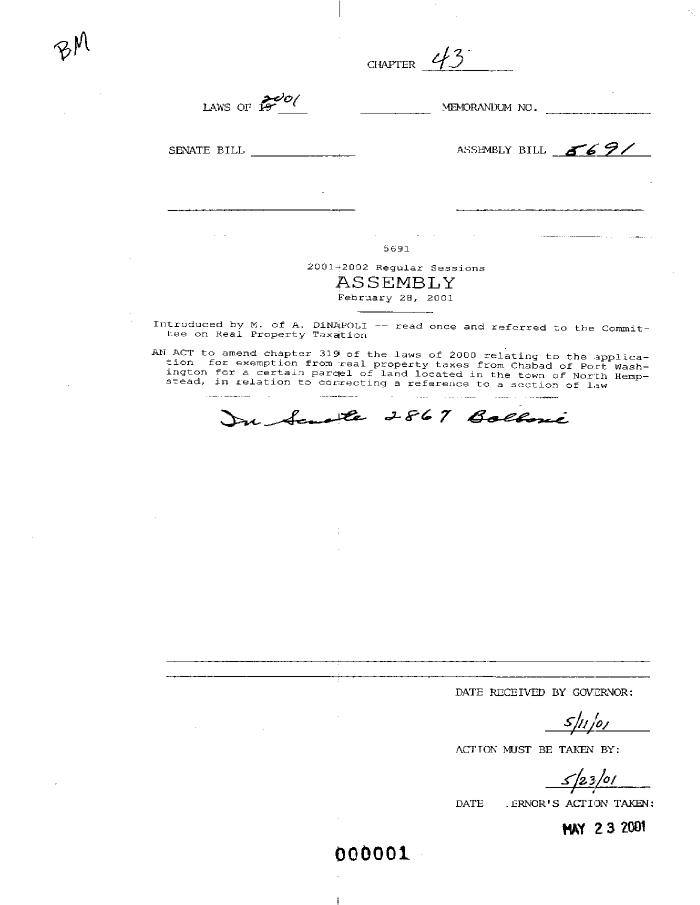 NYS Bill and Veto Jackets: 2001, Chapter 43