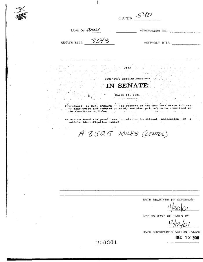 NYS Bill and Veto Jackets: 2001, Chapter 540