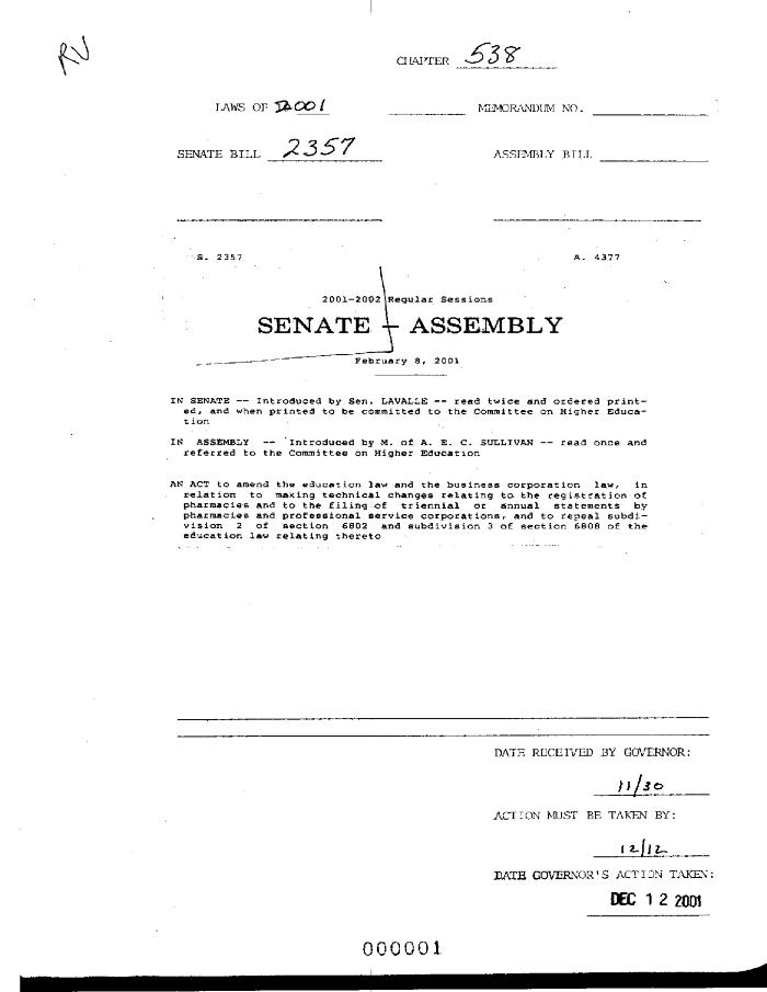 NYS Bill and Veto Jackets: 2001, Chapter 538