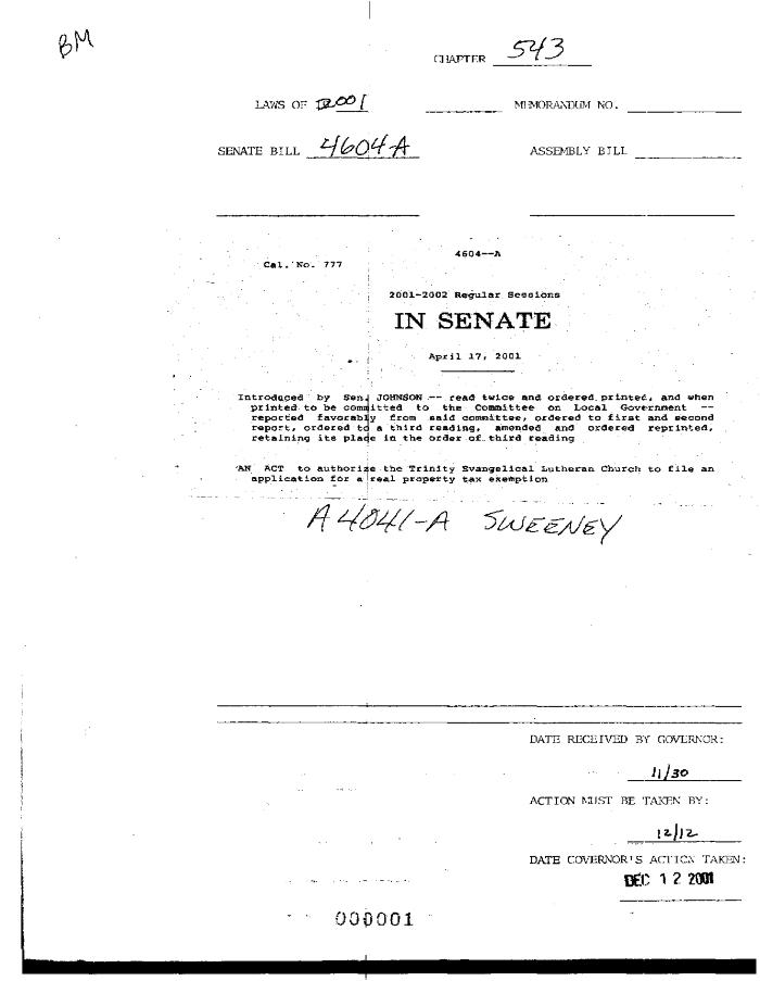 NYS Bill and Veto Jackets: 2001, Chapter 543