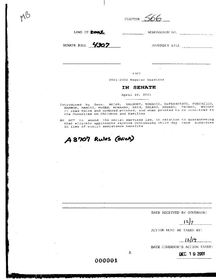 NYS Bill and Veto Jackets: 2001, Chapter 566