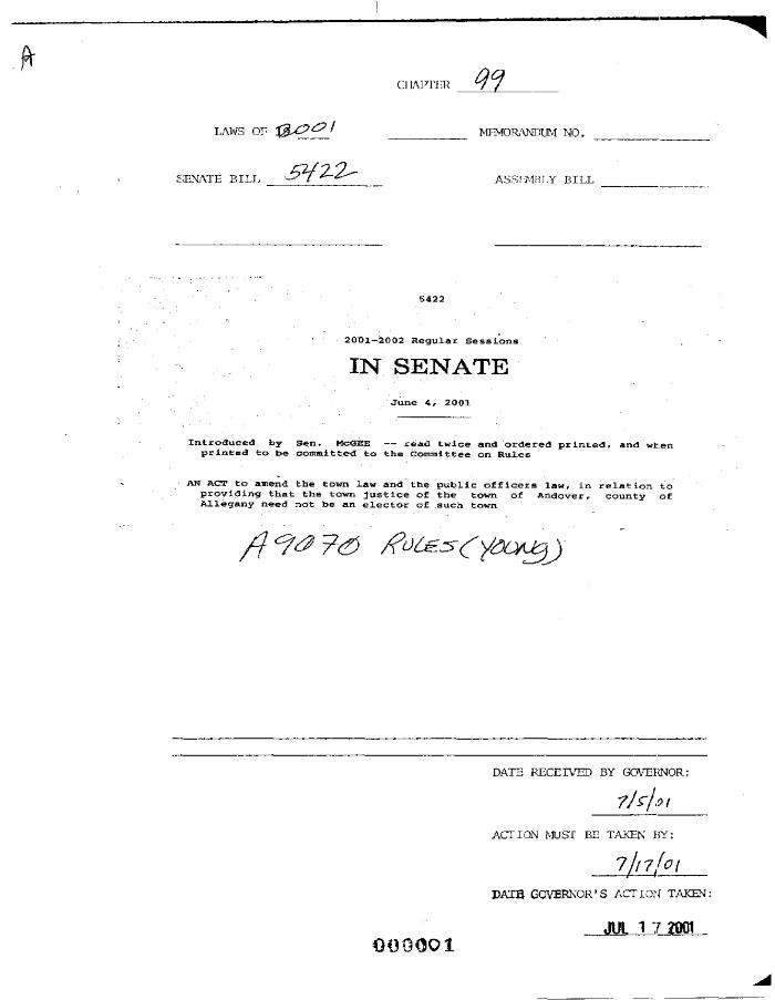 NYS Bill and Veto Jackets: 2001, Chapter 99