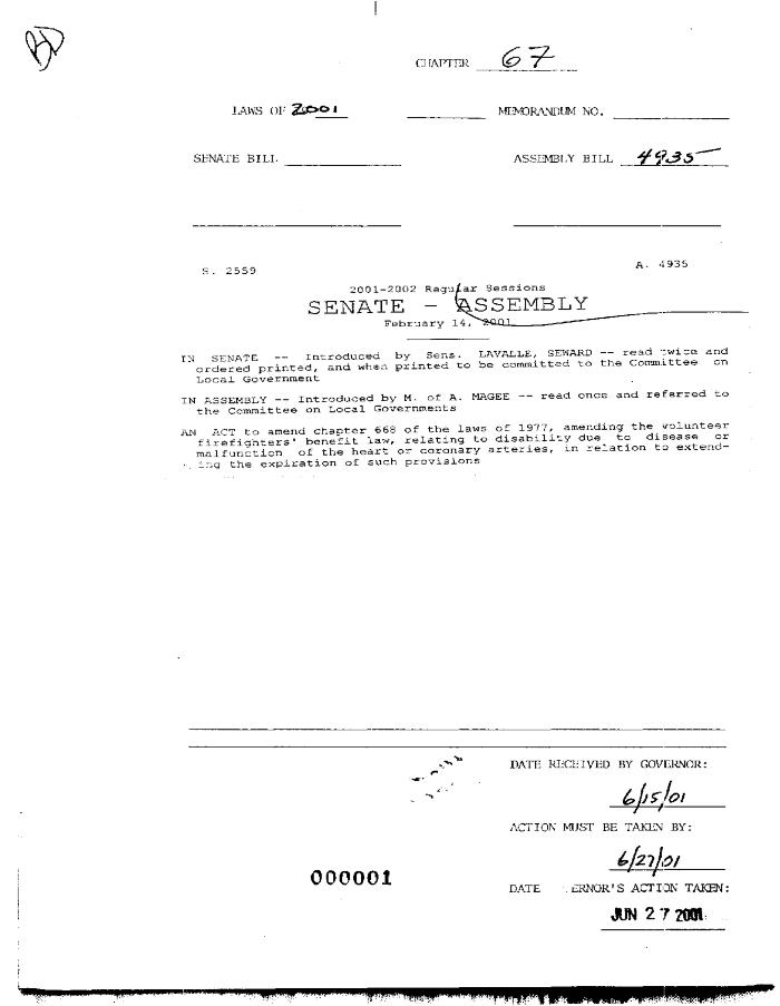 NYS Bill and Veto Jackets: 2001, Chapter 67