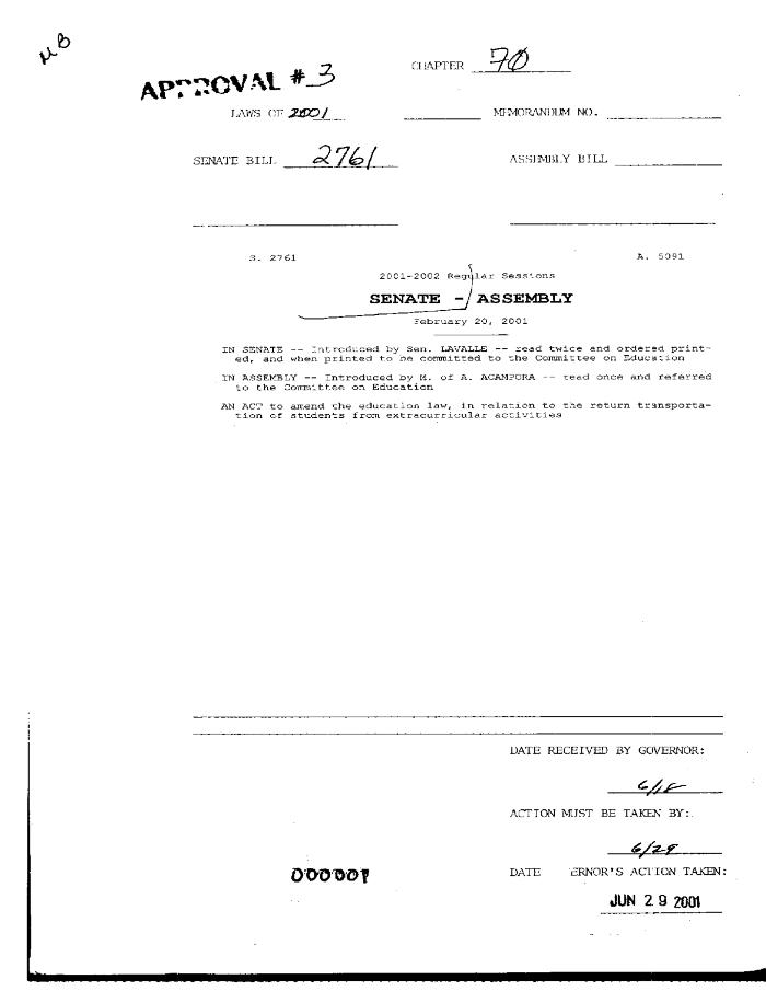 NYS Bill and Veto Jackets: 2001, Chapter 70