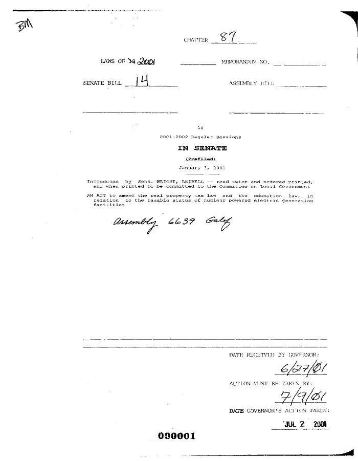 NYS Bill and Veto Jackets: 2001, Chapter 87