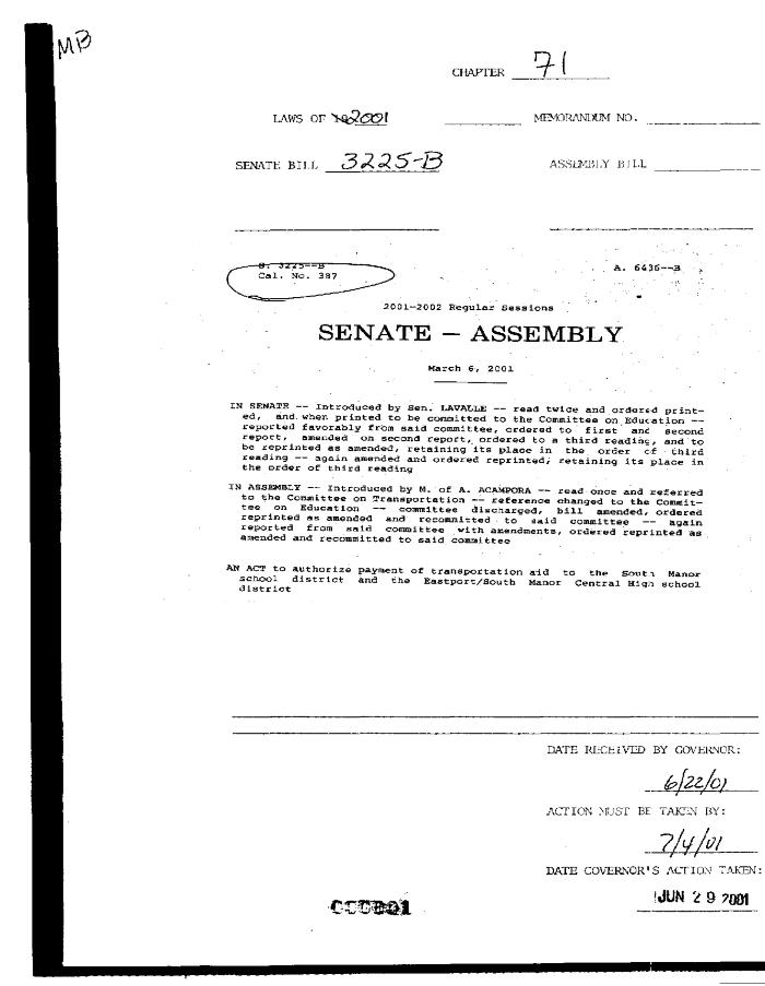 NYS Bill and Veto Jackets: 2001, Chapter 71