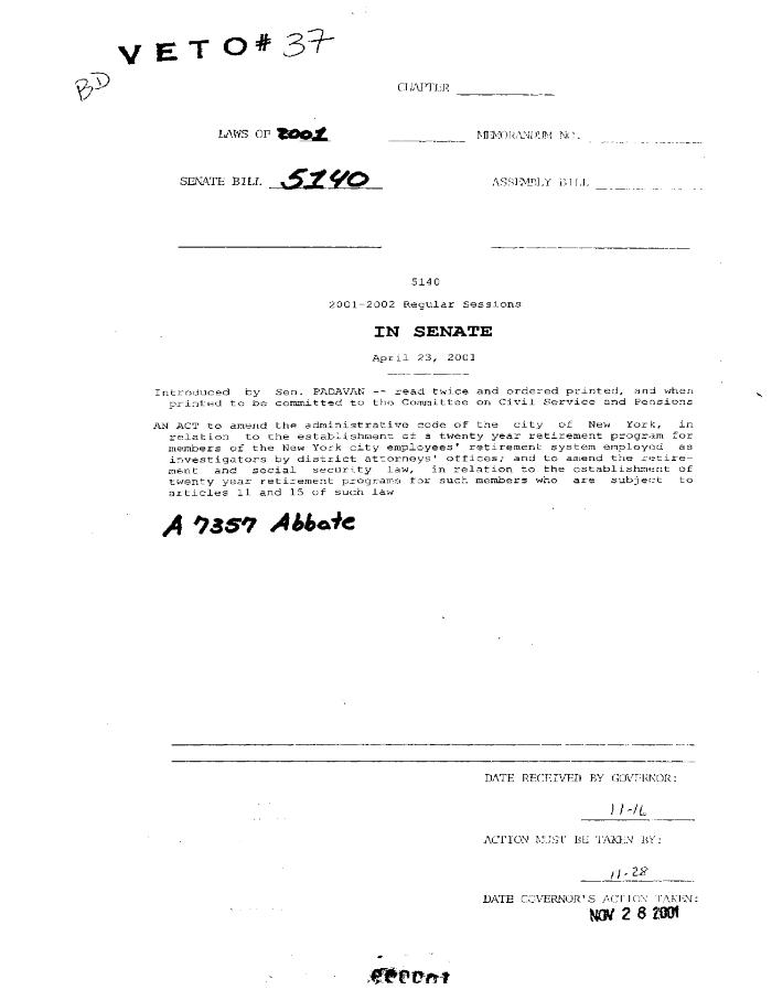 NYS Bill and Veto Jackets: 2001, Veto 37