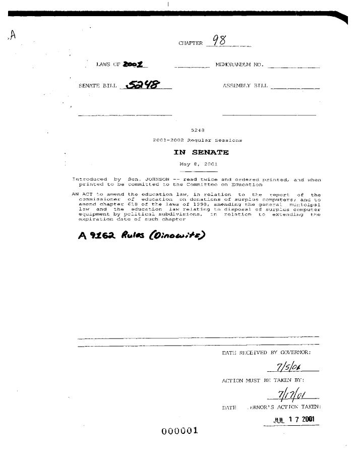 NYS Bill and Veto Jackets: 2001, Chapter 98