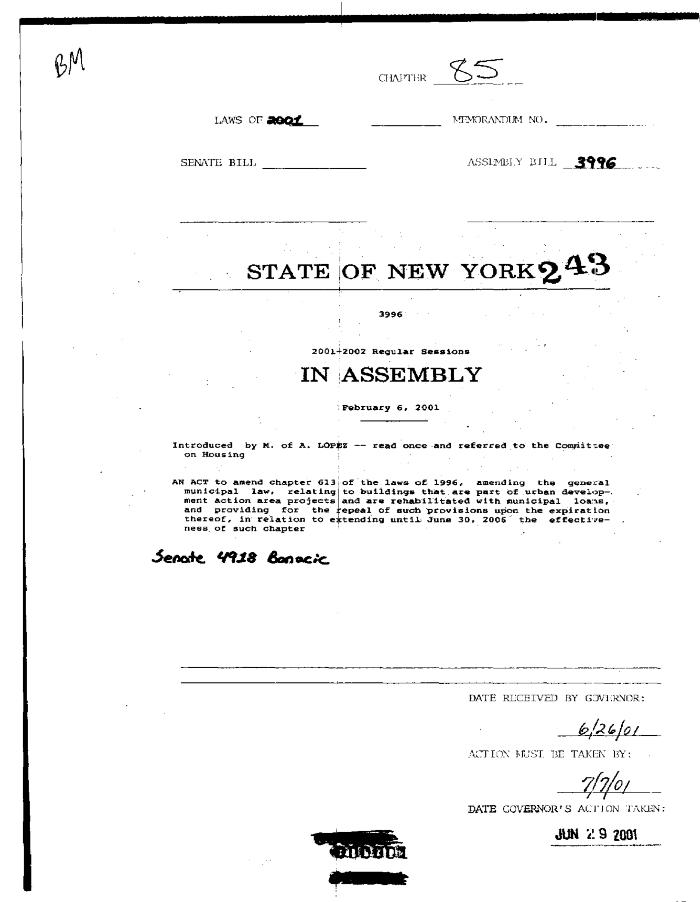 NYS Bill and Veto Jackets: 2001, Chapter 85
