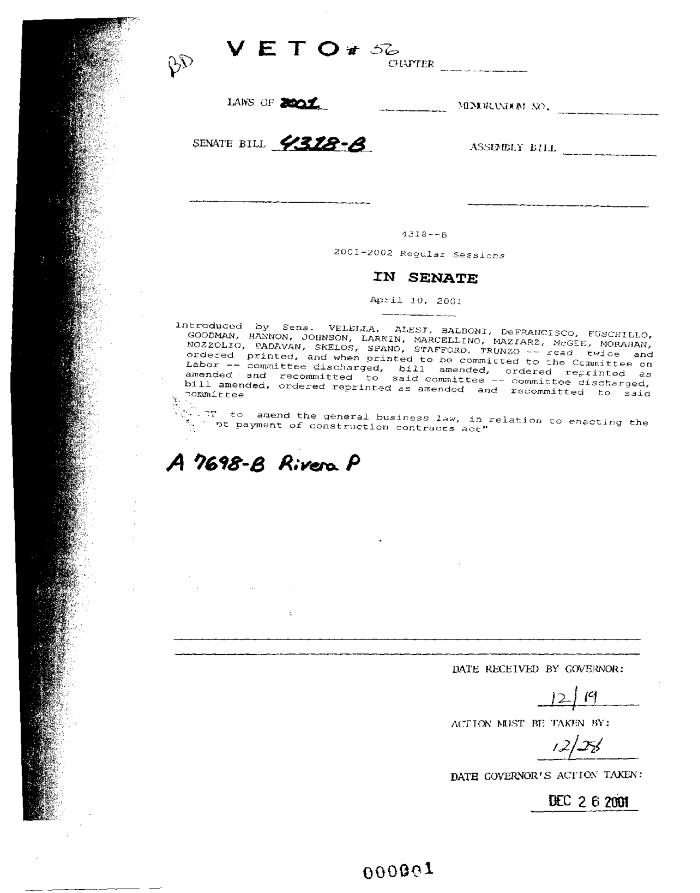 NYS Bill and Veto Jackets: 2001, Veto 56