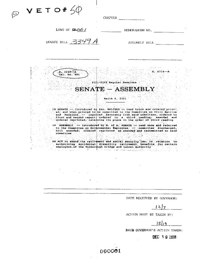 NYS Bill and Veto Jackets: 2001, Veto 50