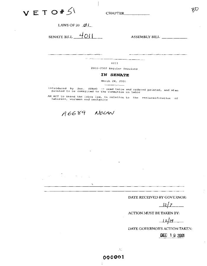NYS Bill and Veto Jackets: 2001, Veto 51