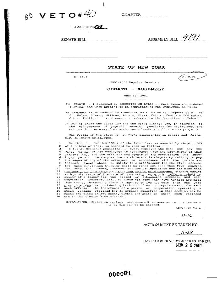 NYS Bill and Veto Jackets: 2001, Veto 40