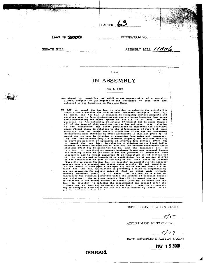 NYS Bill and Veto Jackets: 2000, Chapter 63