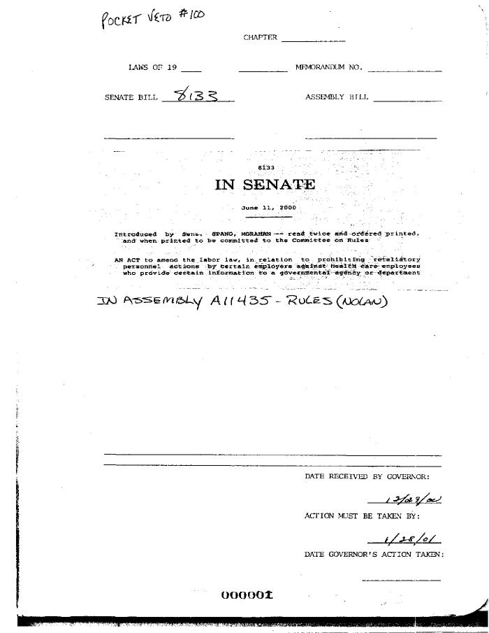 NYS Bill and Veto Jackets: 2000, Veto 100