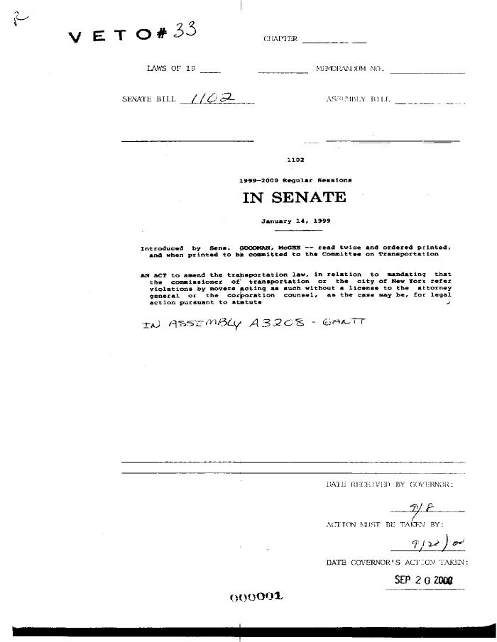 NYS Bill and Veto Jackets: 2000, Veto 33