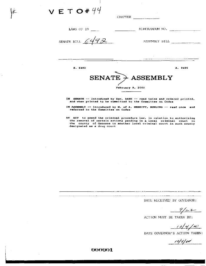 NYS Bill and Veto Jackets: 2000, Veto 44