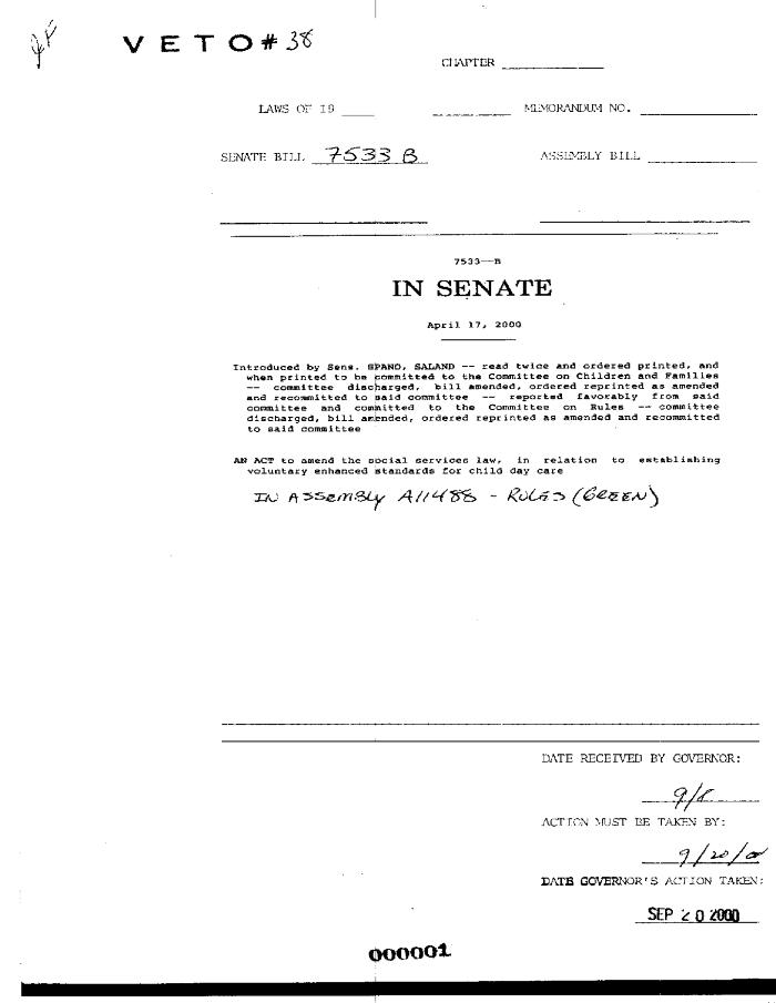 NYS Bill and Veto Jackets: 2000, Veto 38