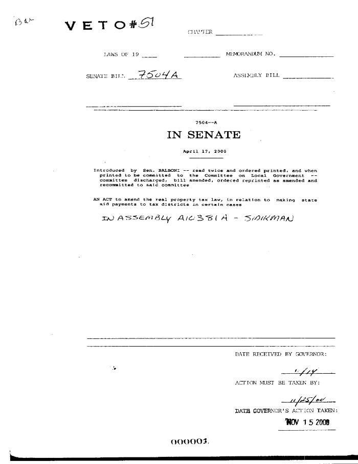 NYS Bill and Veto Jackets: 2000, Veto 51