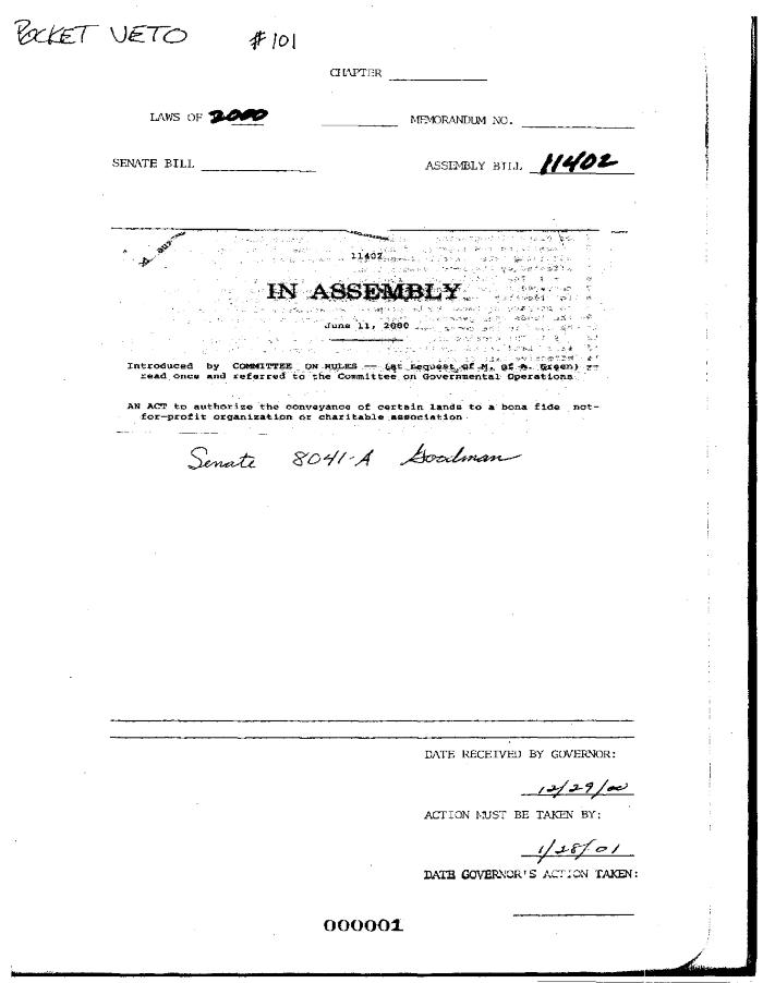 NYS Bill and Veto Jackets: 2000, Veto 101