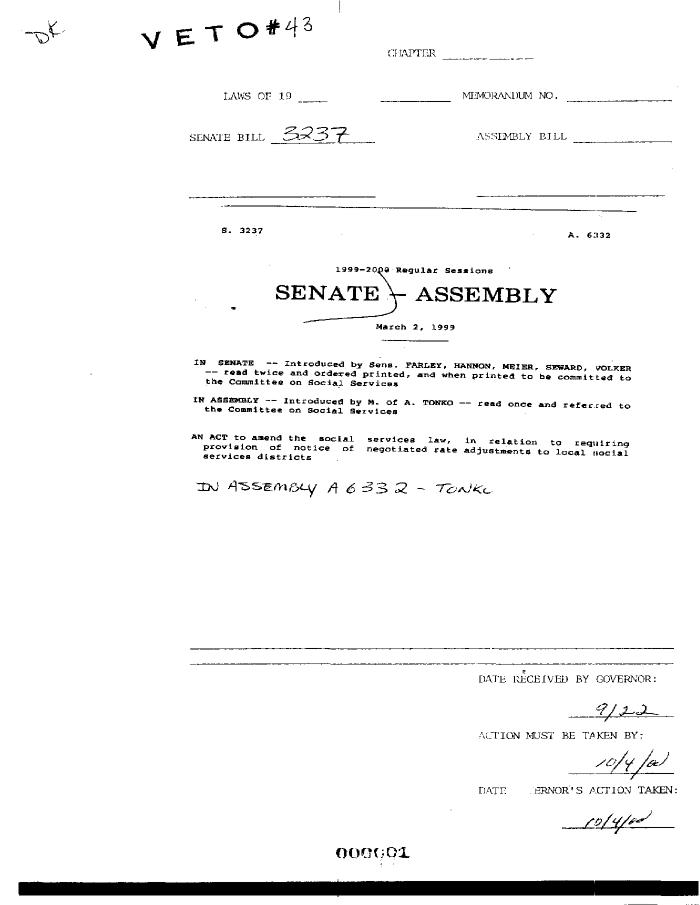 NYS Bill and Veto Jackets: 2000, Veto 43