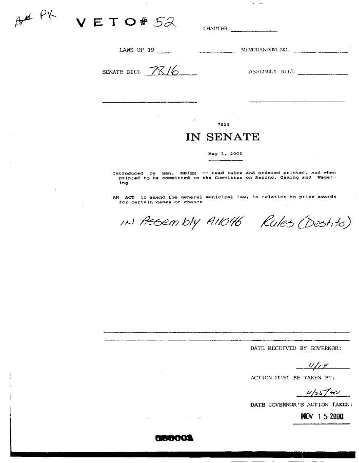 NYS Bill and Veto Jackets: 2000, Veto 52