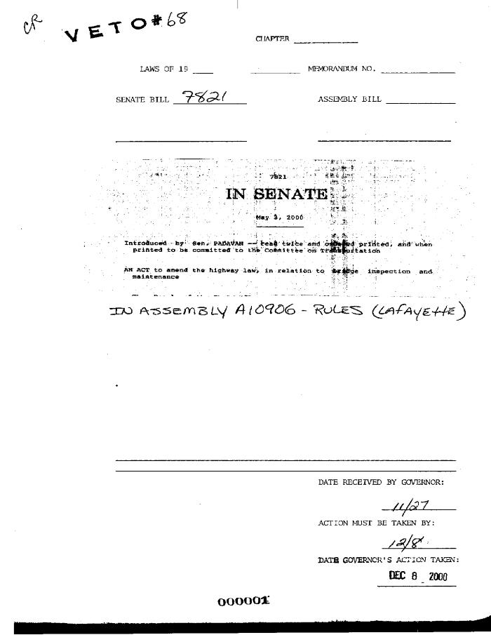NYS Bill and Veto Jackets: 2000, Veto 68