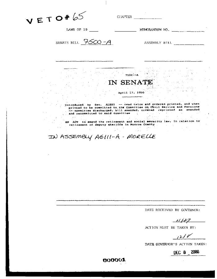 NYS Bill and Veto Jackets: 2000, Veto 65