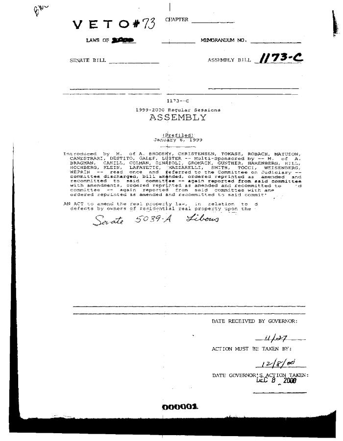 NYS Bill and Veto Jackets: 2000, Veto 73